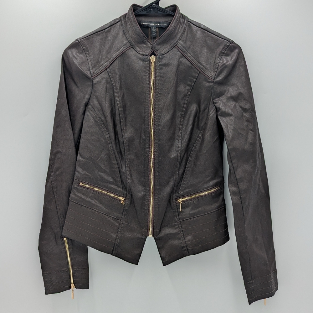 White House Black Market Faux Leather Moto Jacket Brown 0 Zip Up Edgy Minimalist